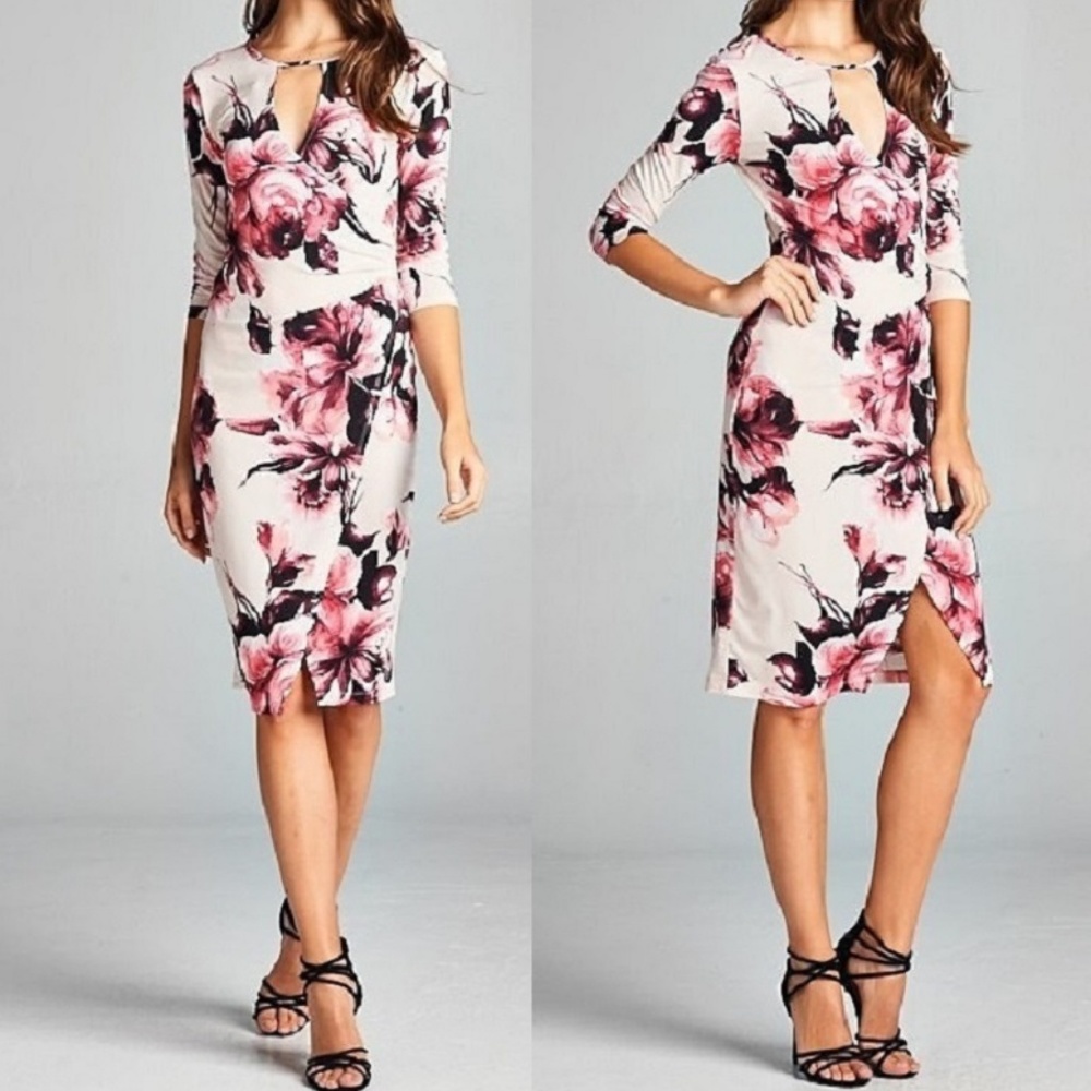Floral Print 3/4 Sleeve Cut Out Faux Wrap Dress